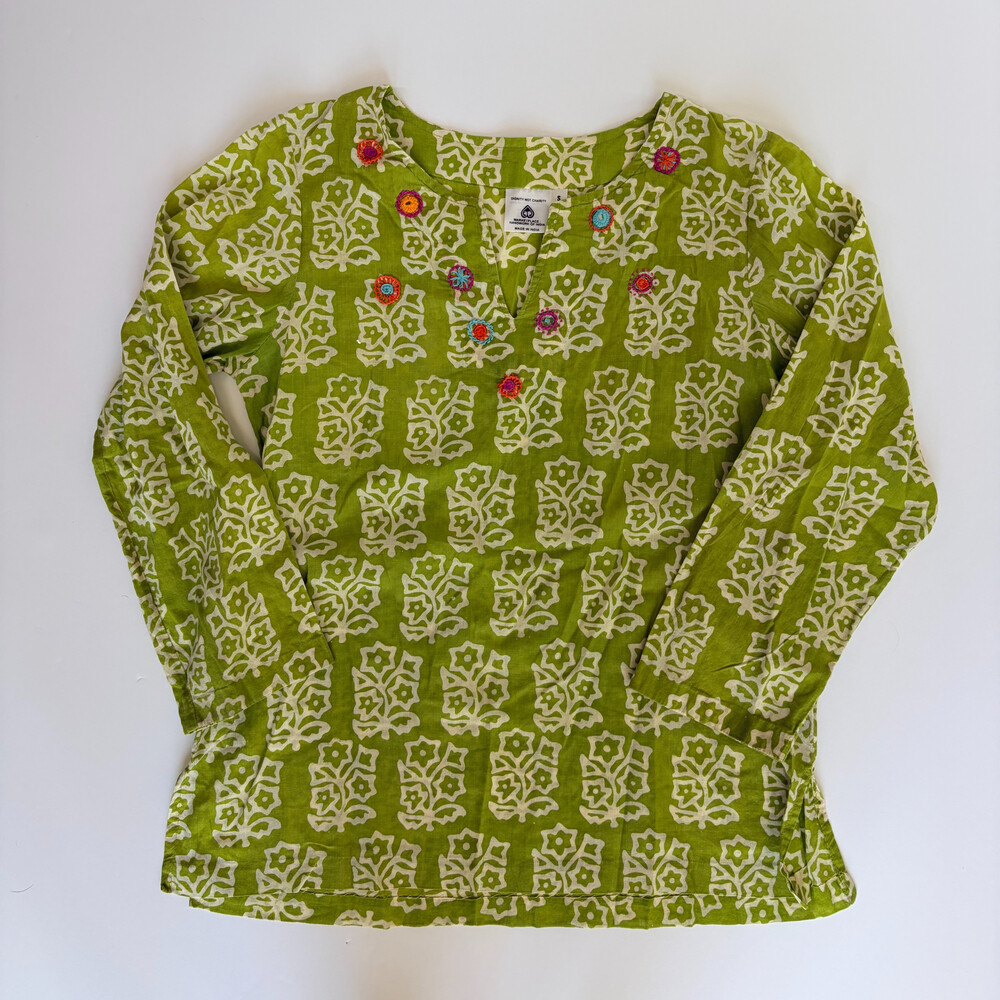 Handmade Block Print Tunic Top Green White Embroidered Flowers Size S